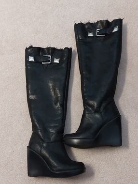 Black Wedge Knee-High Boots with Buckle Detail
